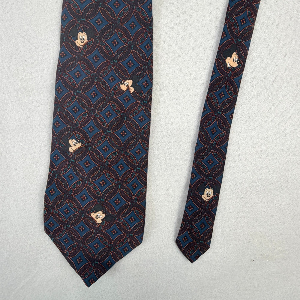 Disney Originals Mickey Mouse Geometric Medallion Navy Teal Burgundy Necktie Vtg